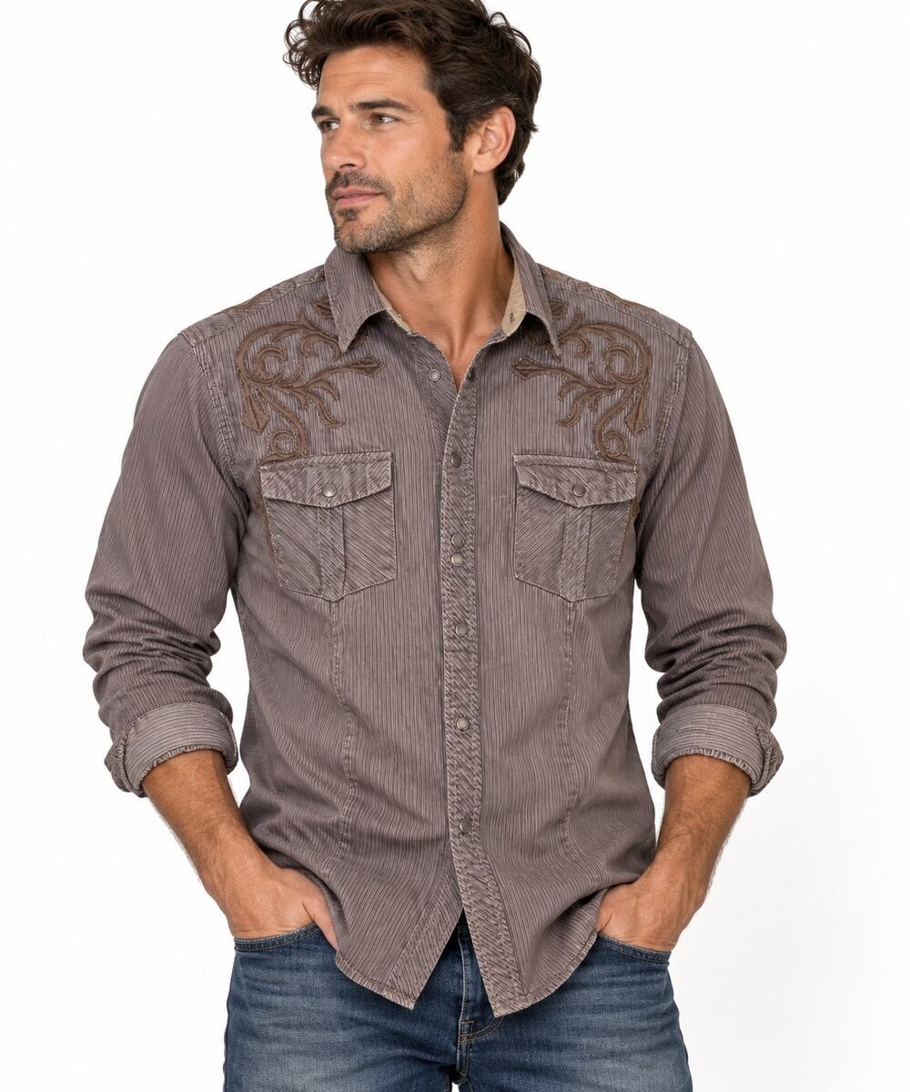 Rock & Roll Cowboy Men's Brown Striped Western Snap Shirt with Embroidery Large
